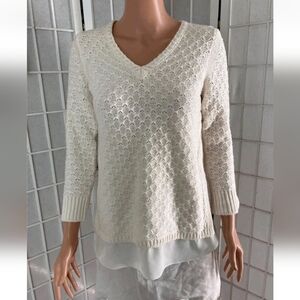 LOFT Womens Ivory Texture Chunky Knit Sheer Layer Trim 3/4 Sleeve Sweater Size L